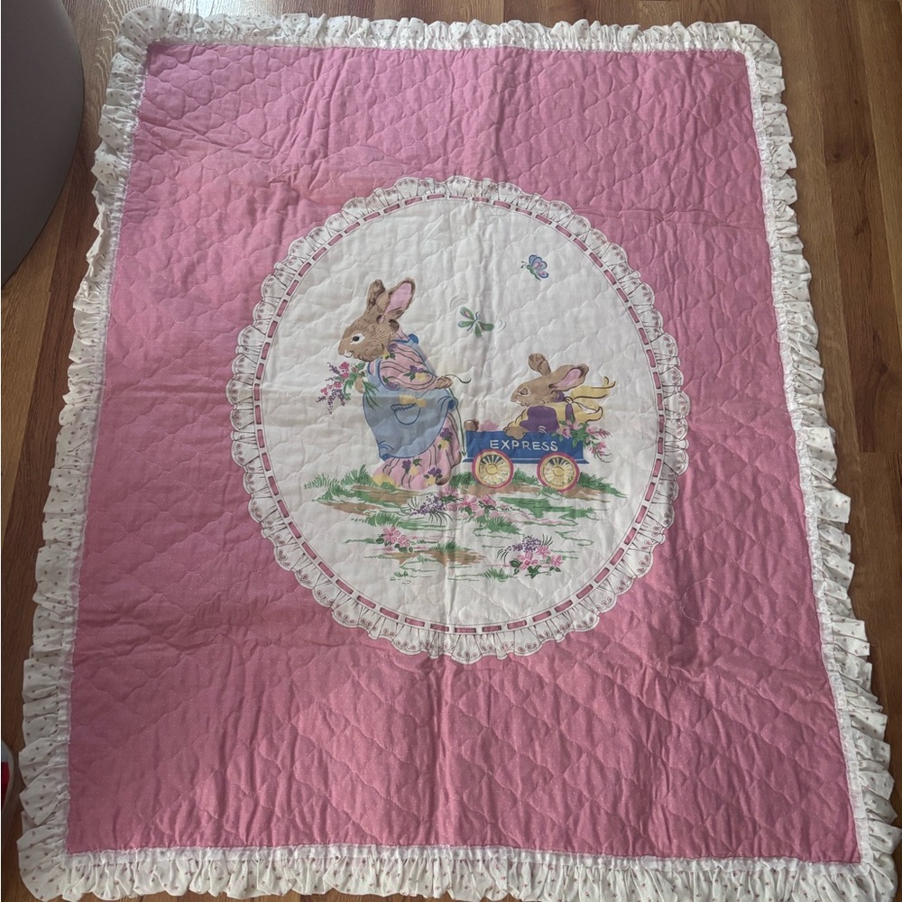 Pink vintage Bunny Quilted Baby Blanket with Ruffle Trim